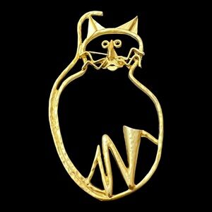 Kitty Cat Gold Tone Brooch Pin Artistic Modern Large 3.5” by 2”